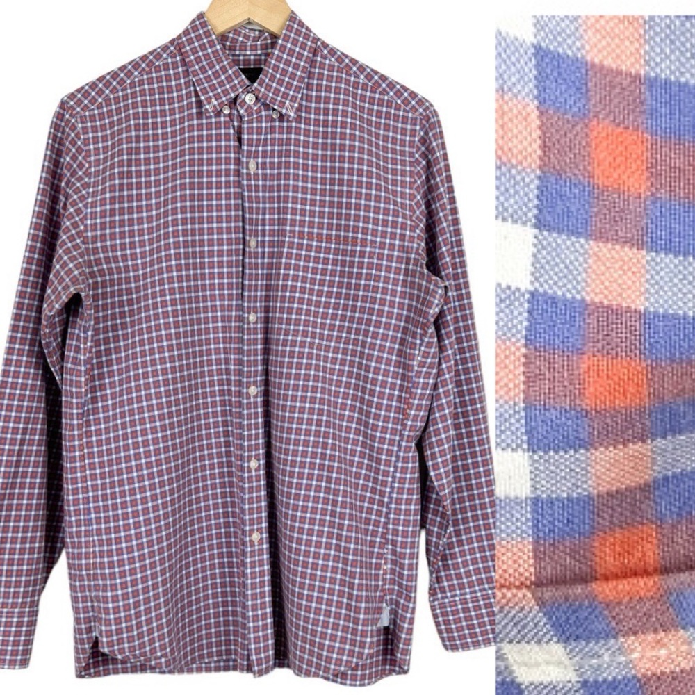 J Crew Orange & Blue Plaid Mens Button Front Shirt Size Small